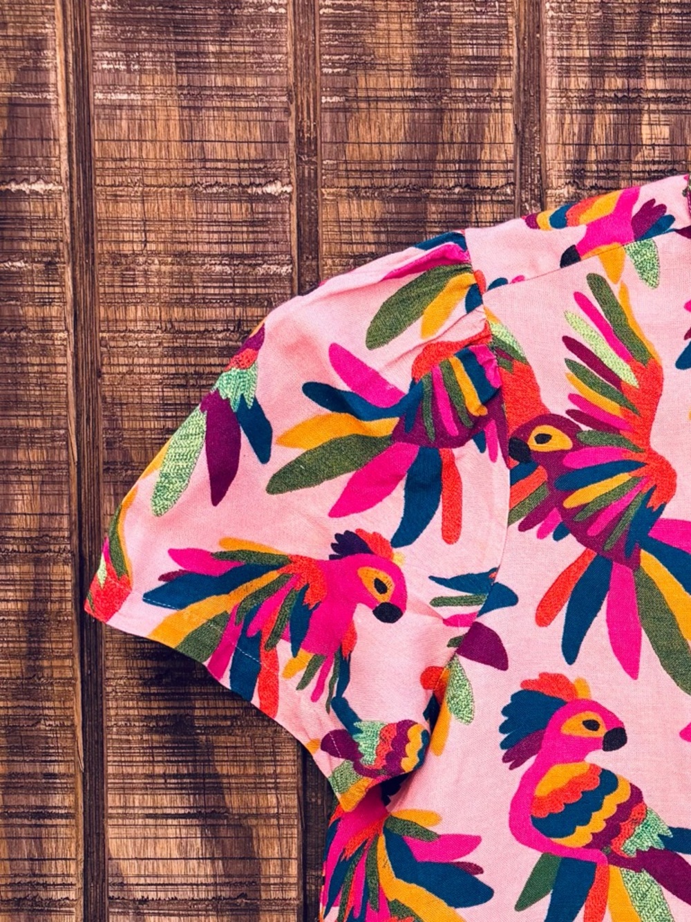 FARM Rio From Anthropologie Two Tone Parrot Button Up Linen Blend Shirt - Picture 6 of 14